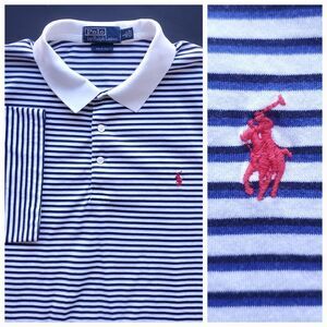 POLO Ralph Lauren Golf Fit Shirt Men L Pima Cotton Short Sleeve Blue Stripe Pony